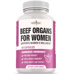 NEW AGE beef organ supplement bottle front showing grass-fed nutrition for daily energy.