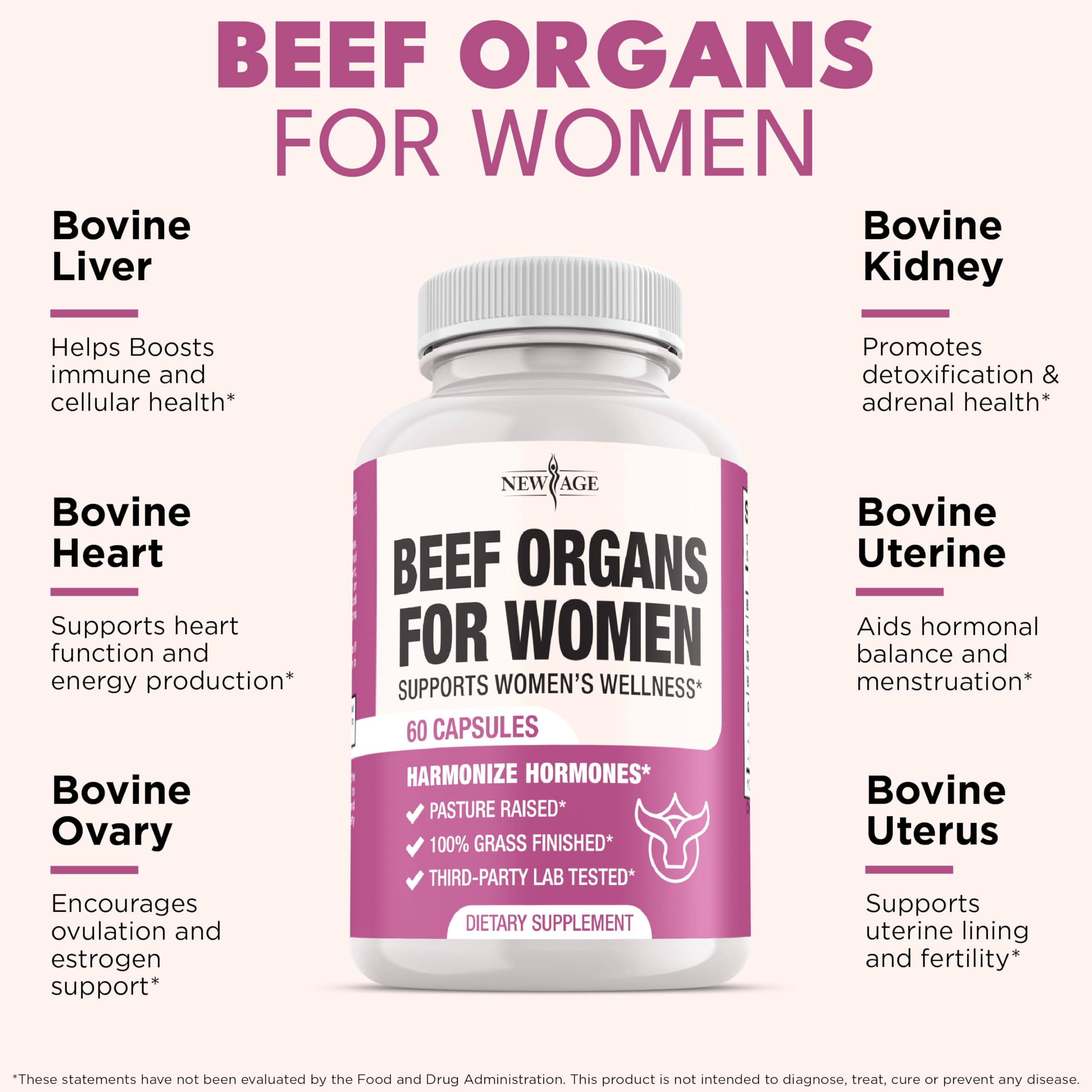 NEW AGE capsules close-up showing simple daily dosage for women.