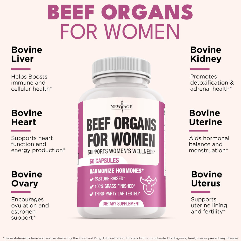 NEW AGE capsules close-up showing simple daily dosage for women.