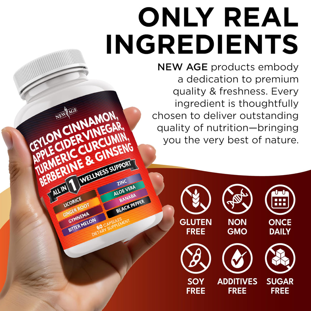 New Age berberine cinnamon combo capsules label emphasizing 14-in-1 formula