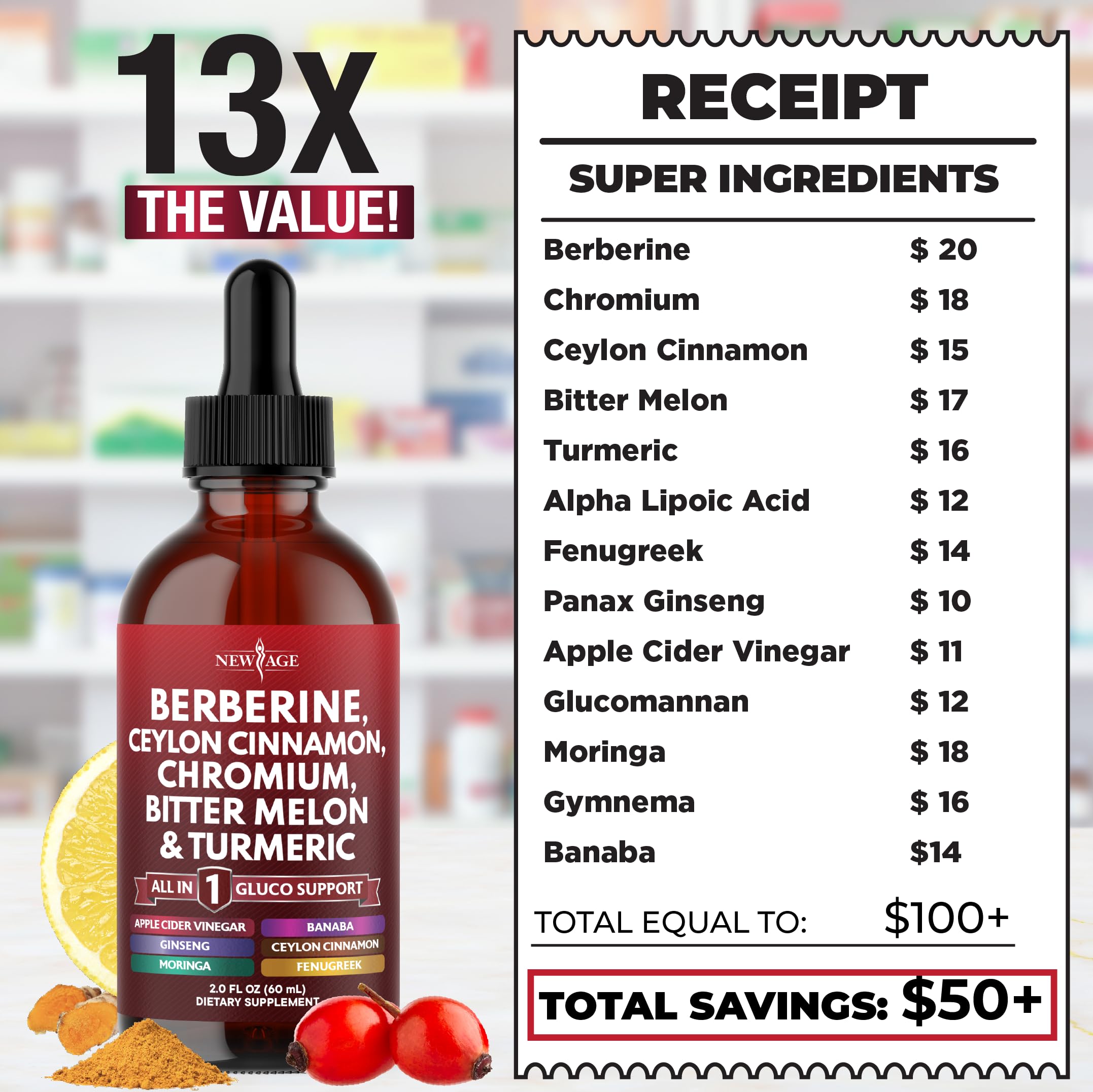 NEW AGE Berberine Cinnamon drops on a store shelf for daily wellness