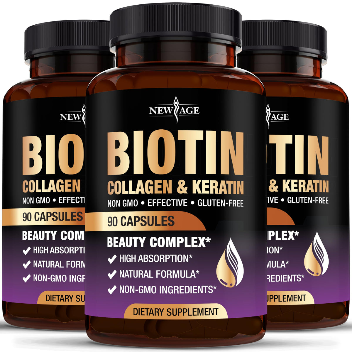 New Age biotin-collagen-keratin-hyaluronic acid bottle highlights premium hair and skin support.