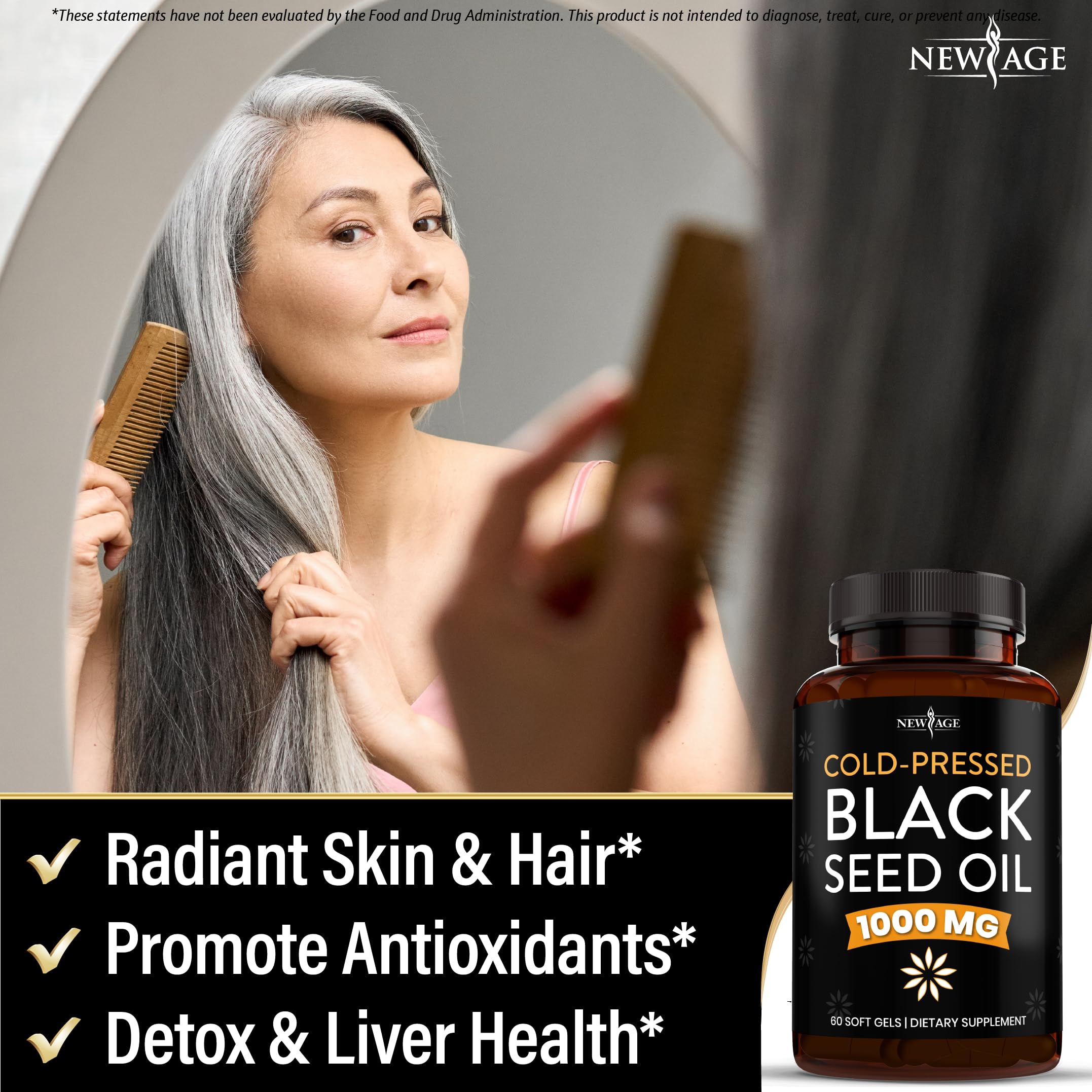 New Age Black Seed Oil bottle and cap highlighting premium oil.