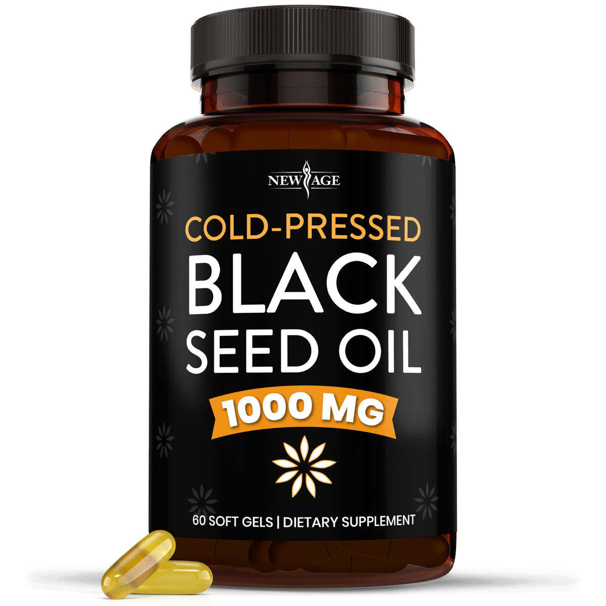 New Age Black Seed Oil softgel bottle close-up for daily vitality.