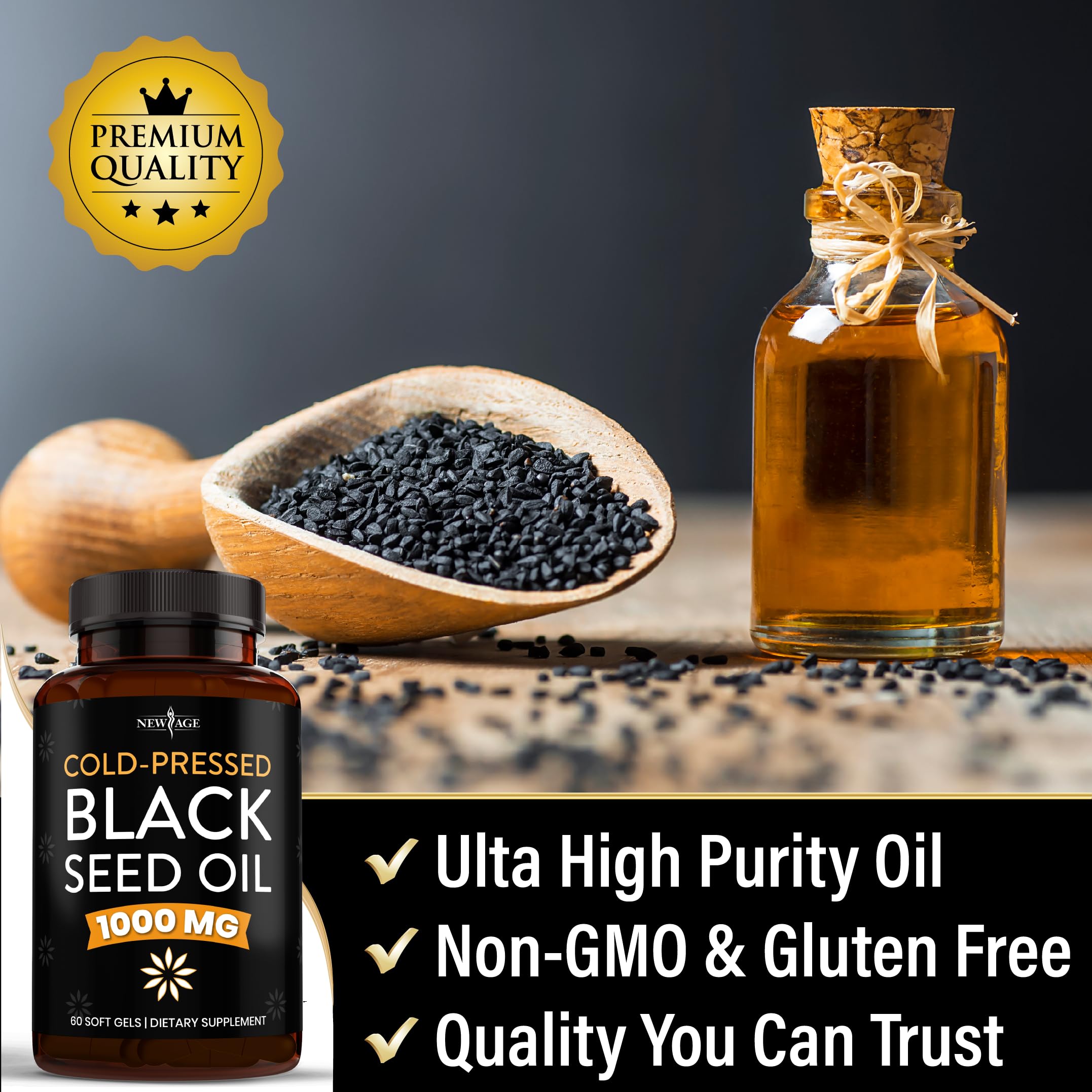 New Age Black Seed Oil softgel capsules inside the container.