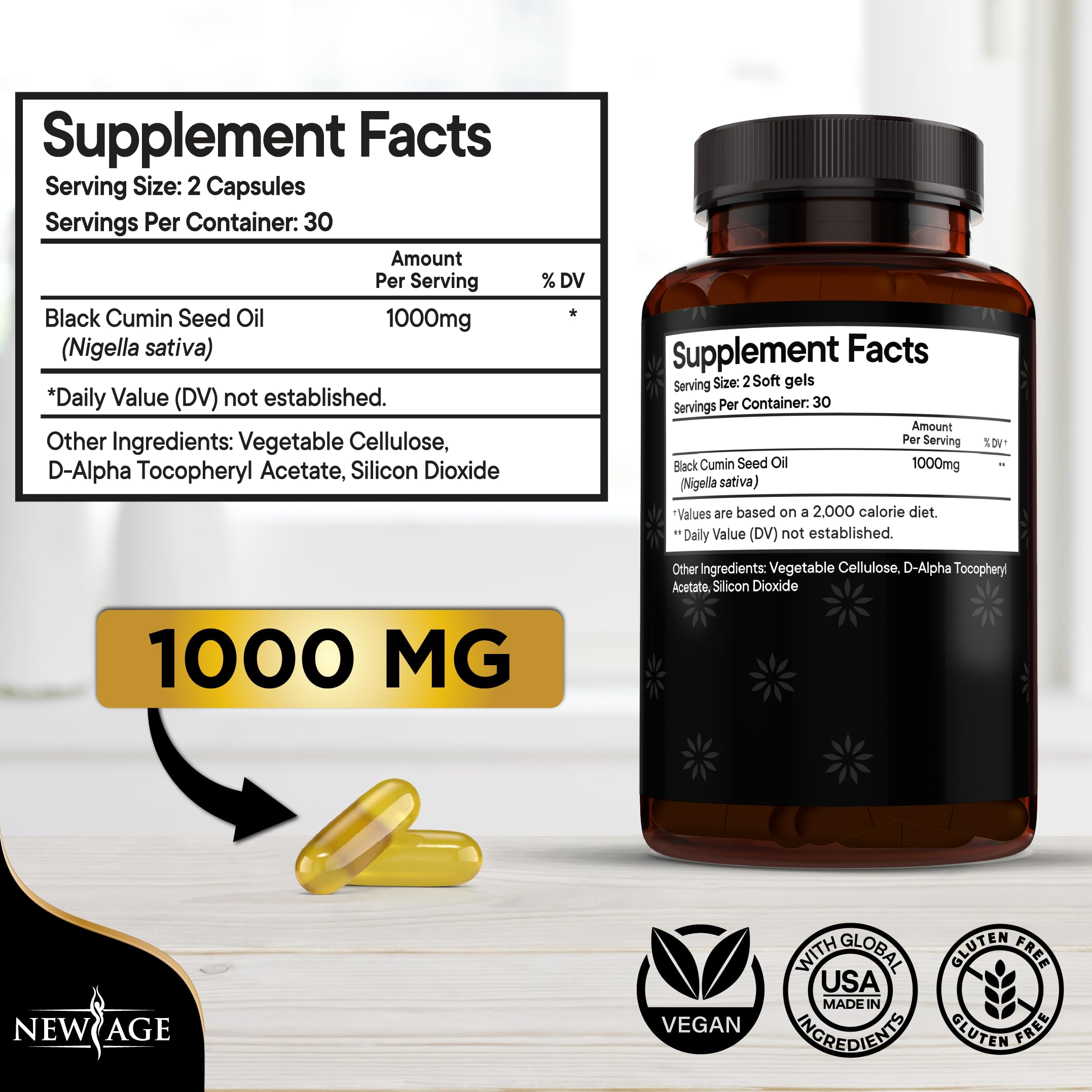 New Age Black Seed Oil softgel capsules on white background for easy daily use.