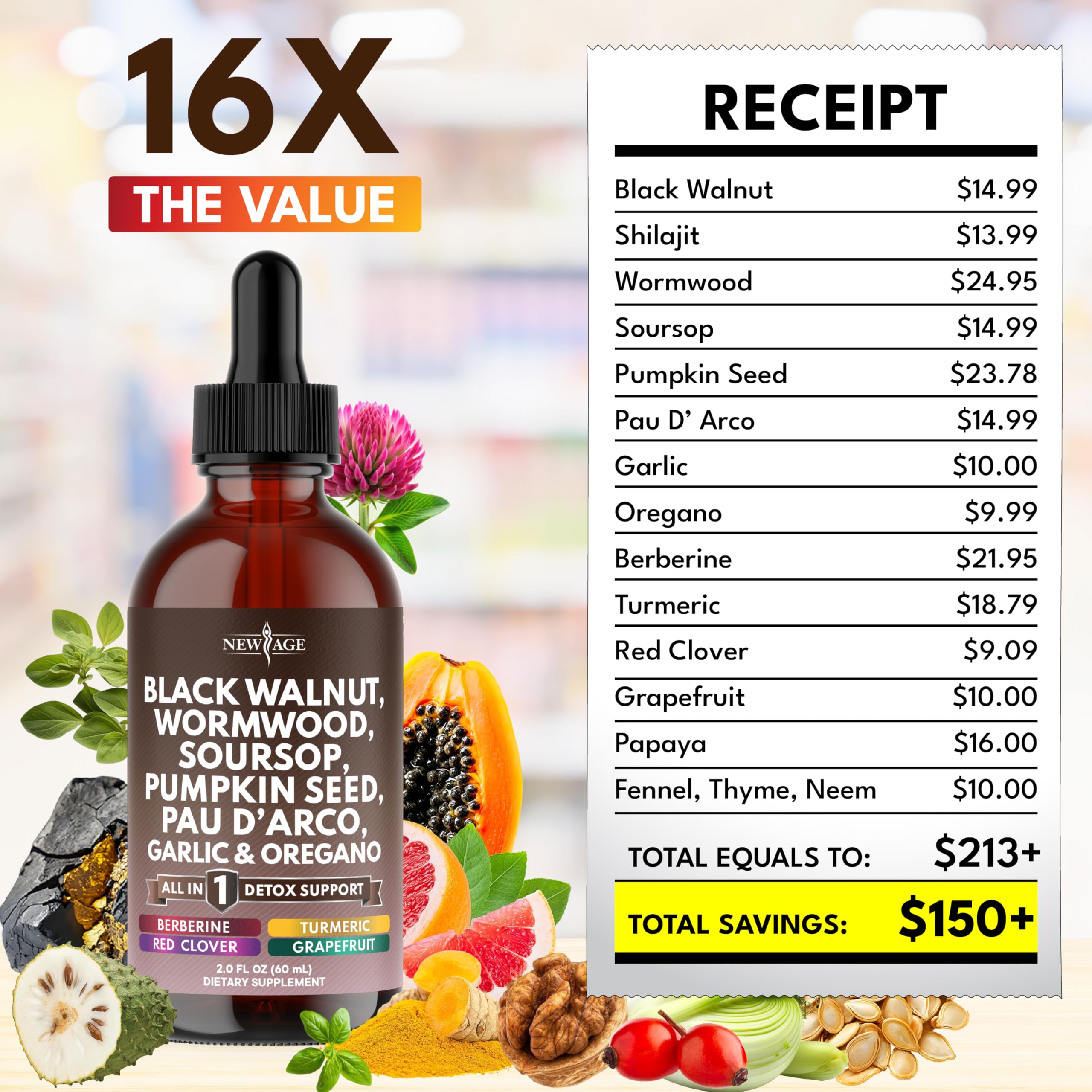 NEW AGE Black Walnut Wormwood Cleanse Drops bottle with water mix for versatile use