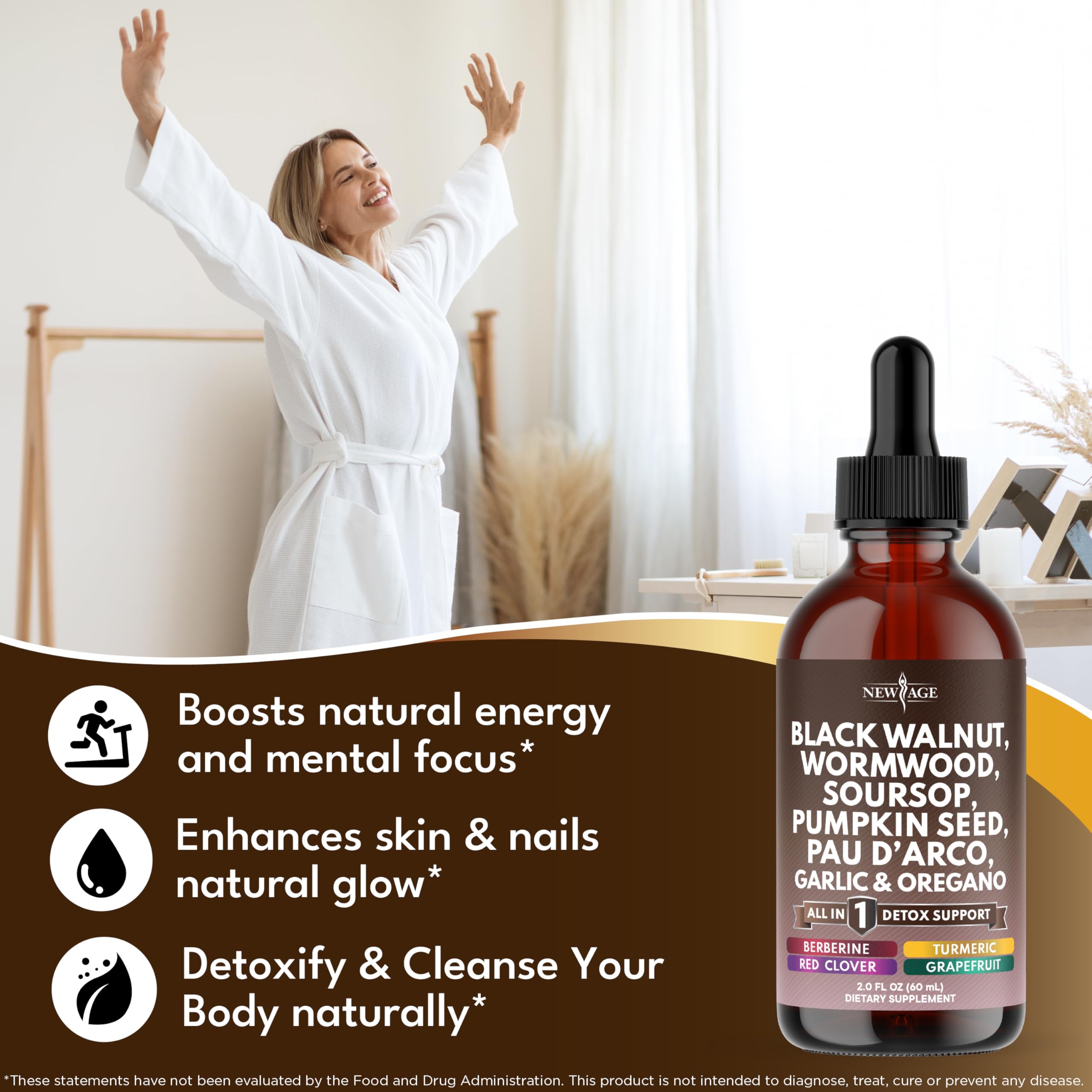 NEW AGE Black Walnut Wormwood Cleanse Drops bottle pour showing easy dosing