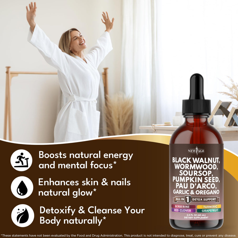 NEW AGE Black Walnut Wormwood Cleanse Drops bottle pour showing easy dosing