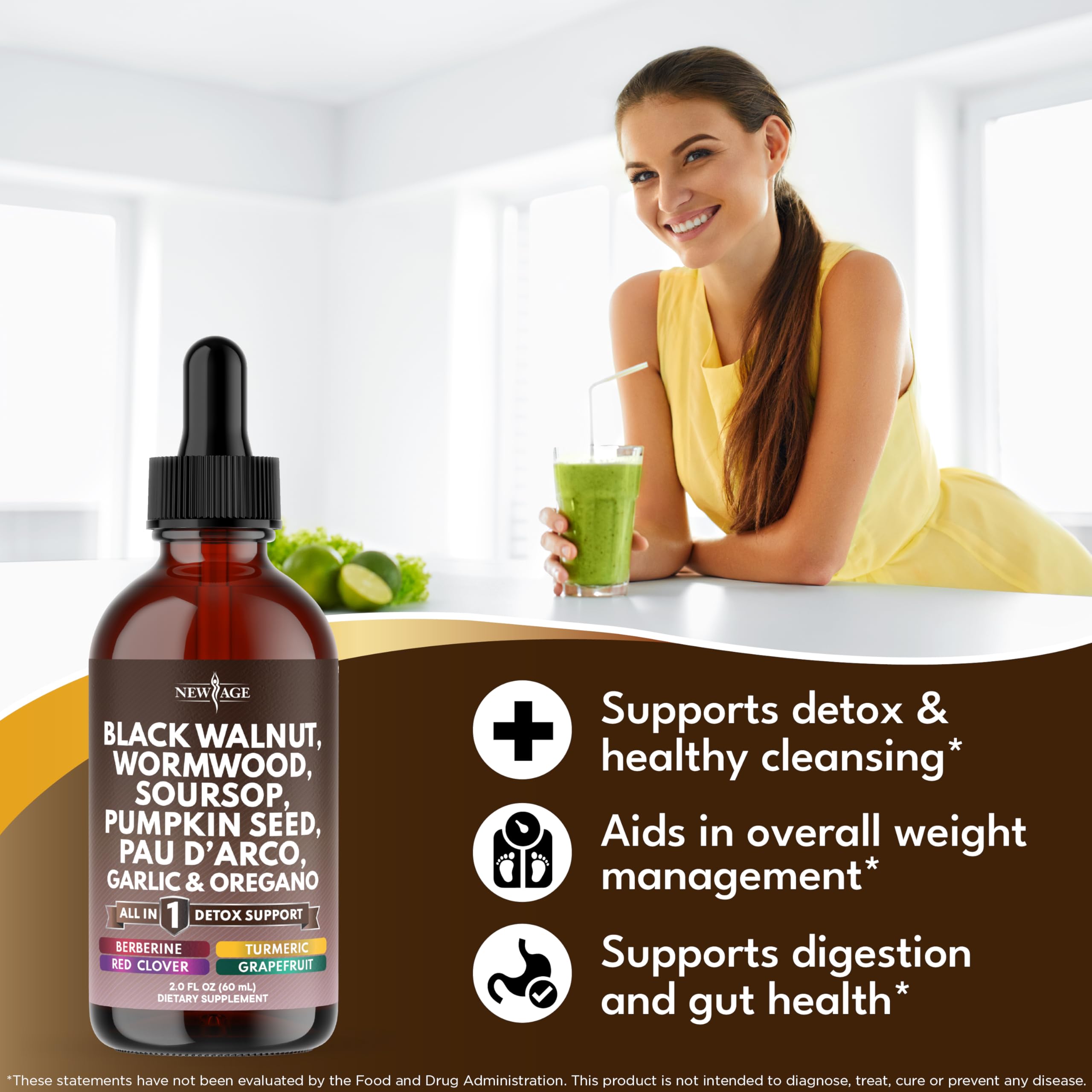 NEW AGE Black Walnut Wormwood Cleanse Drops ingredients scene emphasizes plant-based notes