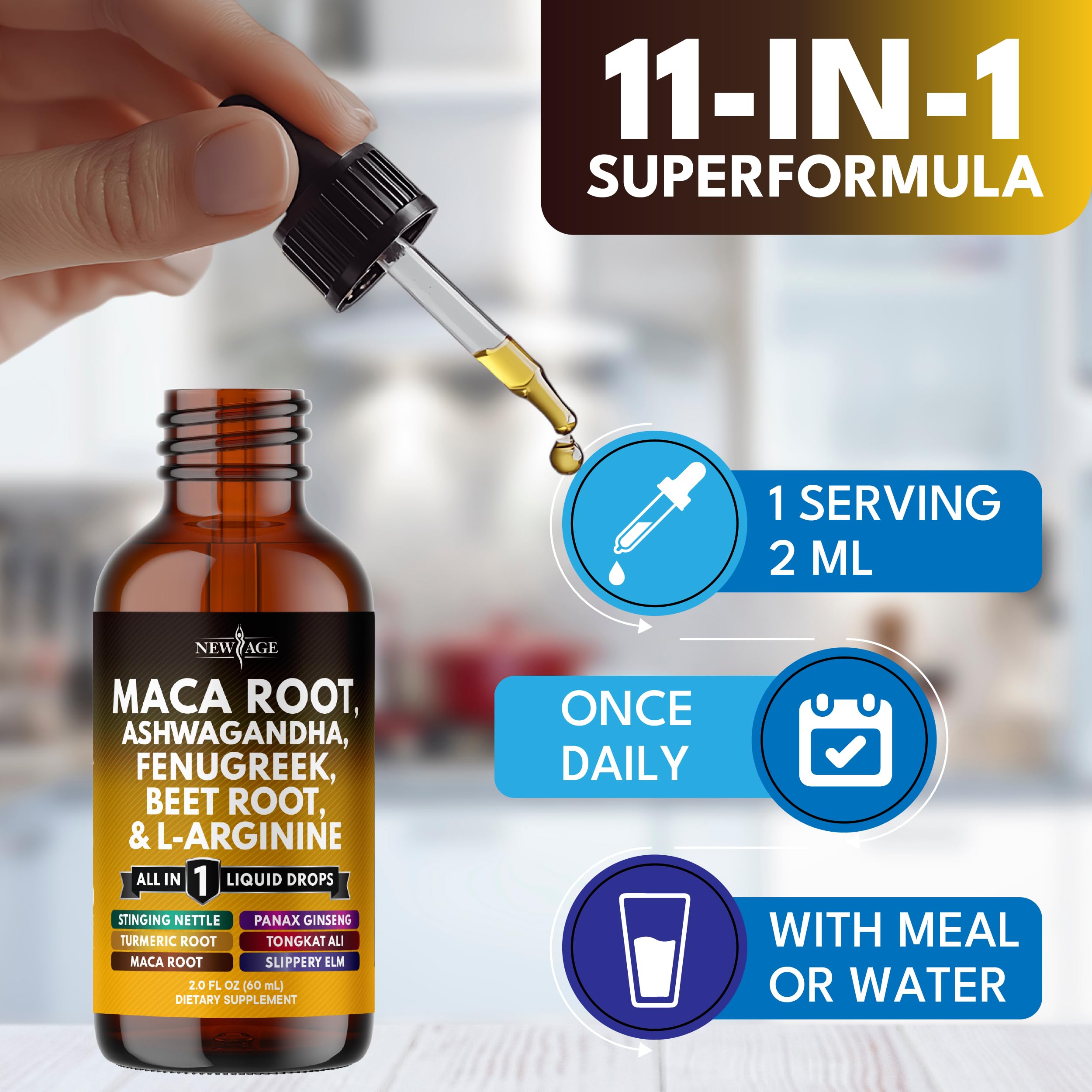 NEW AGE bottle and dropper on wood table for convenient use.