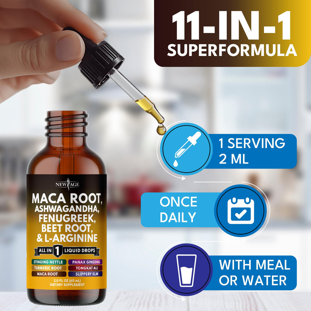 NEW AGE bottle and dropper on wood table for convenient use.