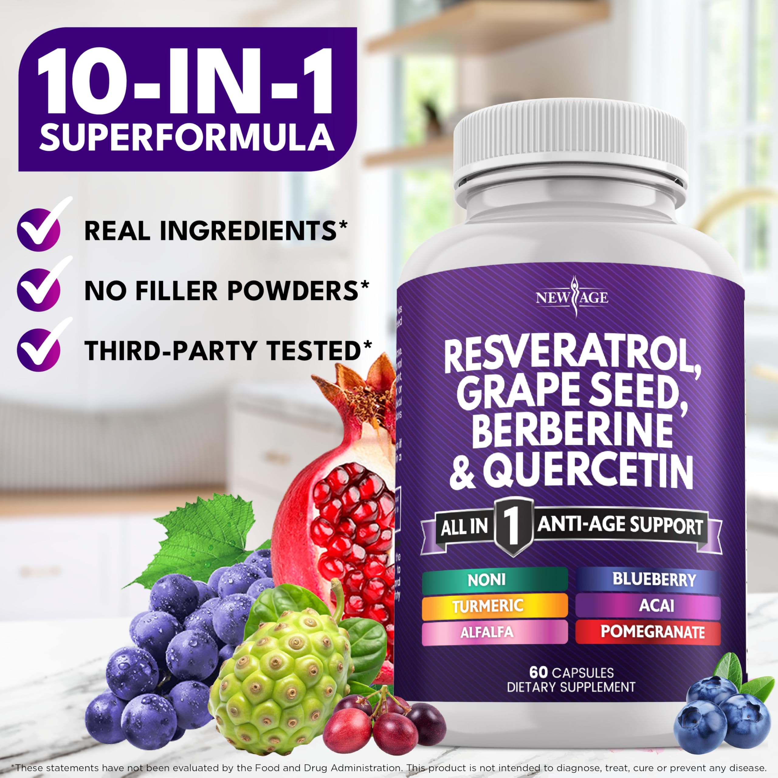 NEW AGE capsules pouring from bottle, showing easy daily dosing.