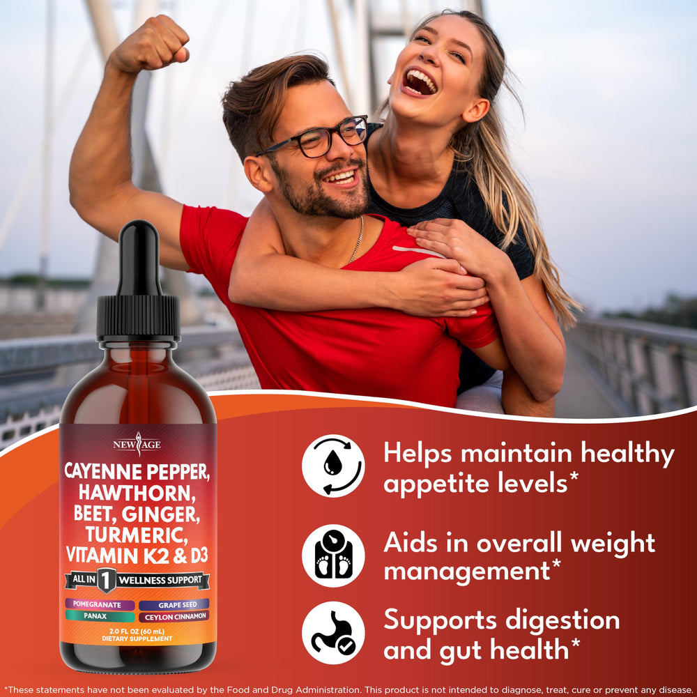 NEW AGE Cayenne Pepper Drops label front showing trusted formula for everyday balance