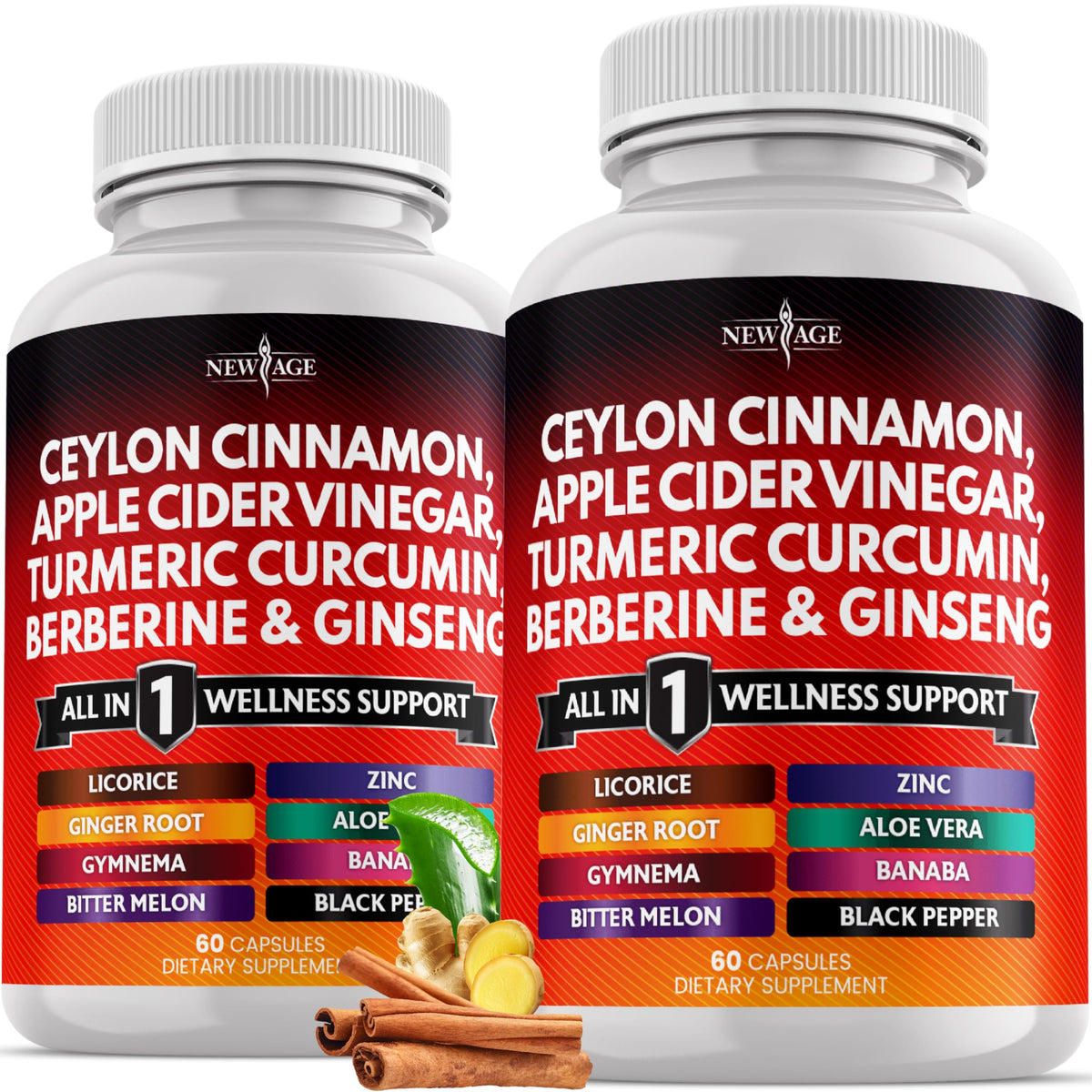 New Age Ceylon Cinnamon capsules in a bottle for balanced digestive support