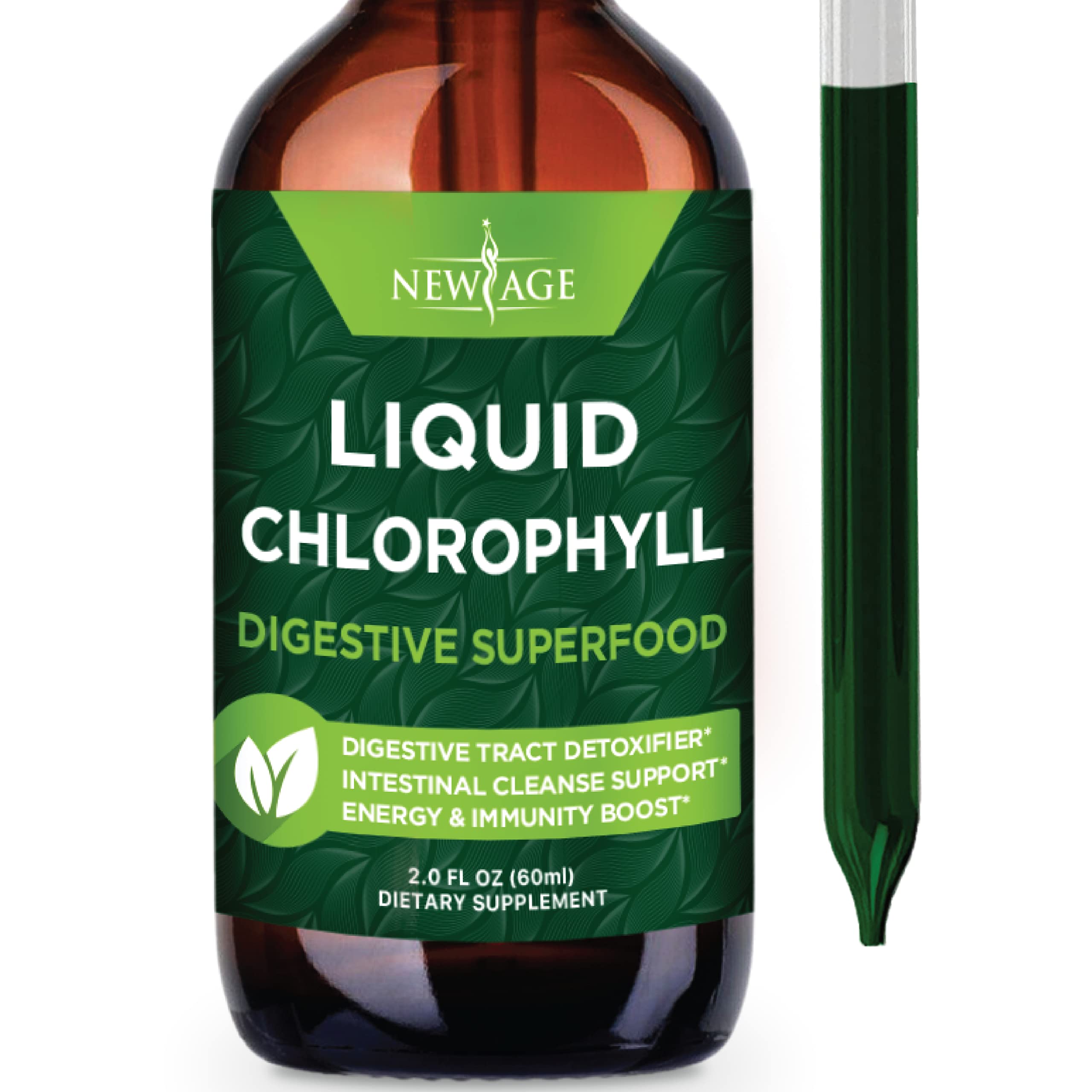 NEW AGE Chlorophyll Drops bottle and dropper ready for daily energy support.