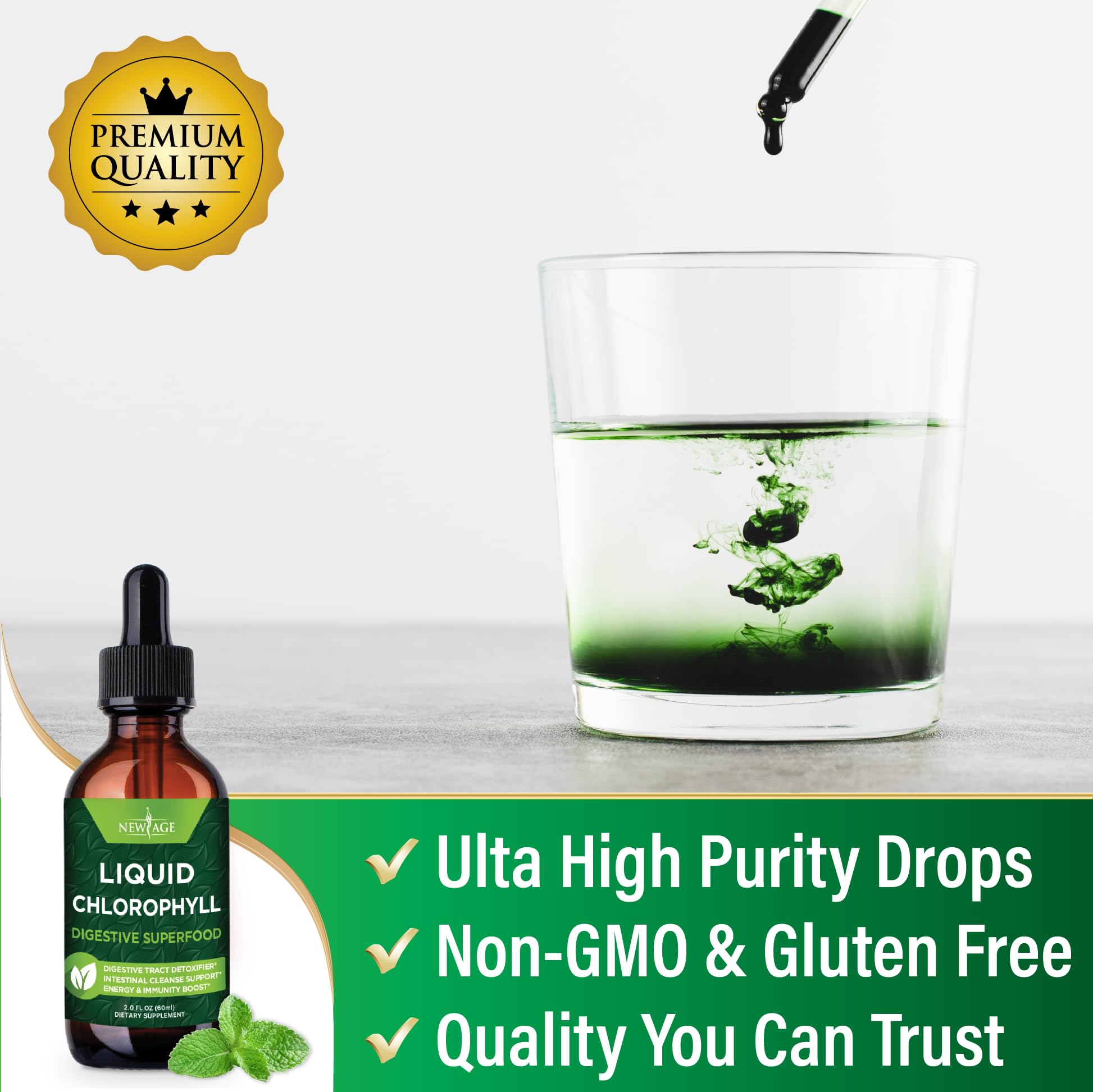 Closeup of NEW AGE Chlorophyll Drops bottle for convenient use.