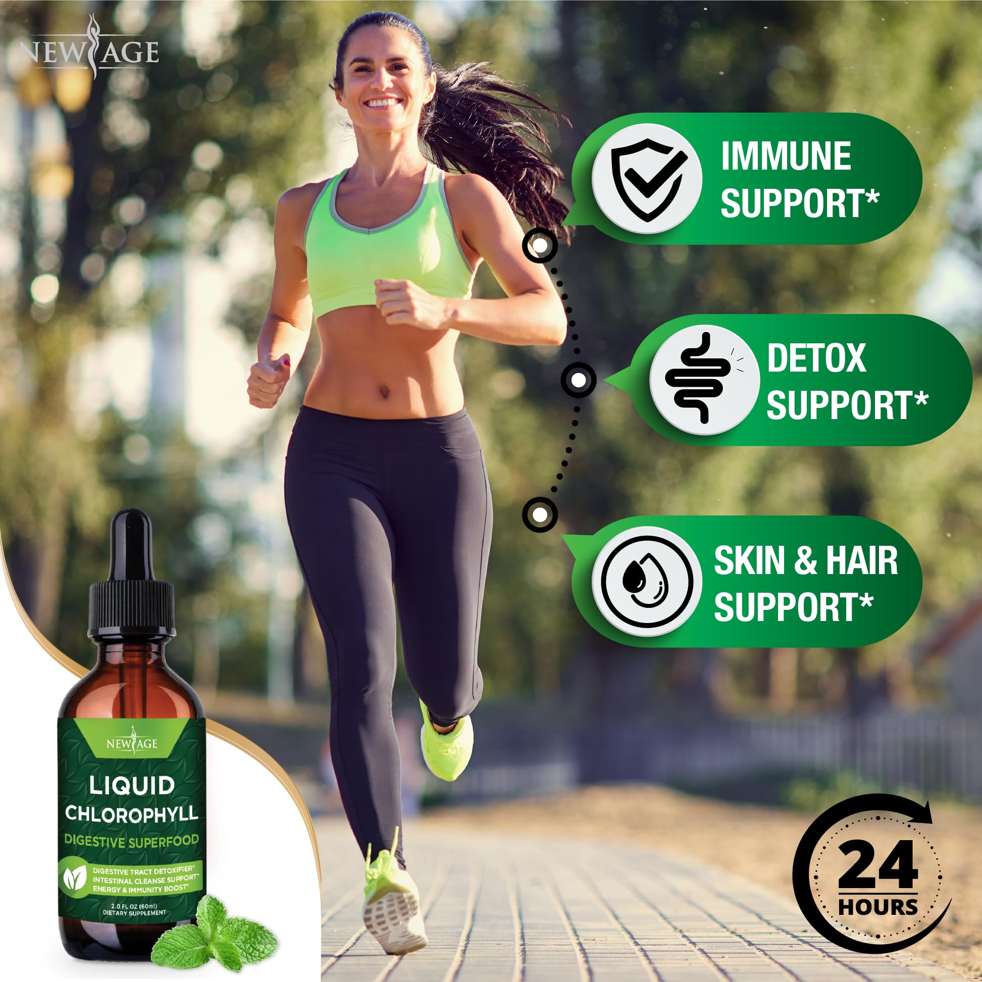 NEW AGE Chlorophyll Drops create a concentrated green juice concept.