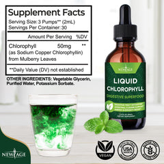 NEW AGE Chlorophyll Drops in a water glass showing easy mixing.