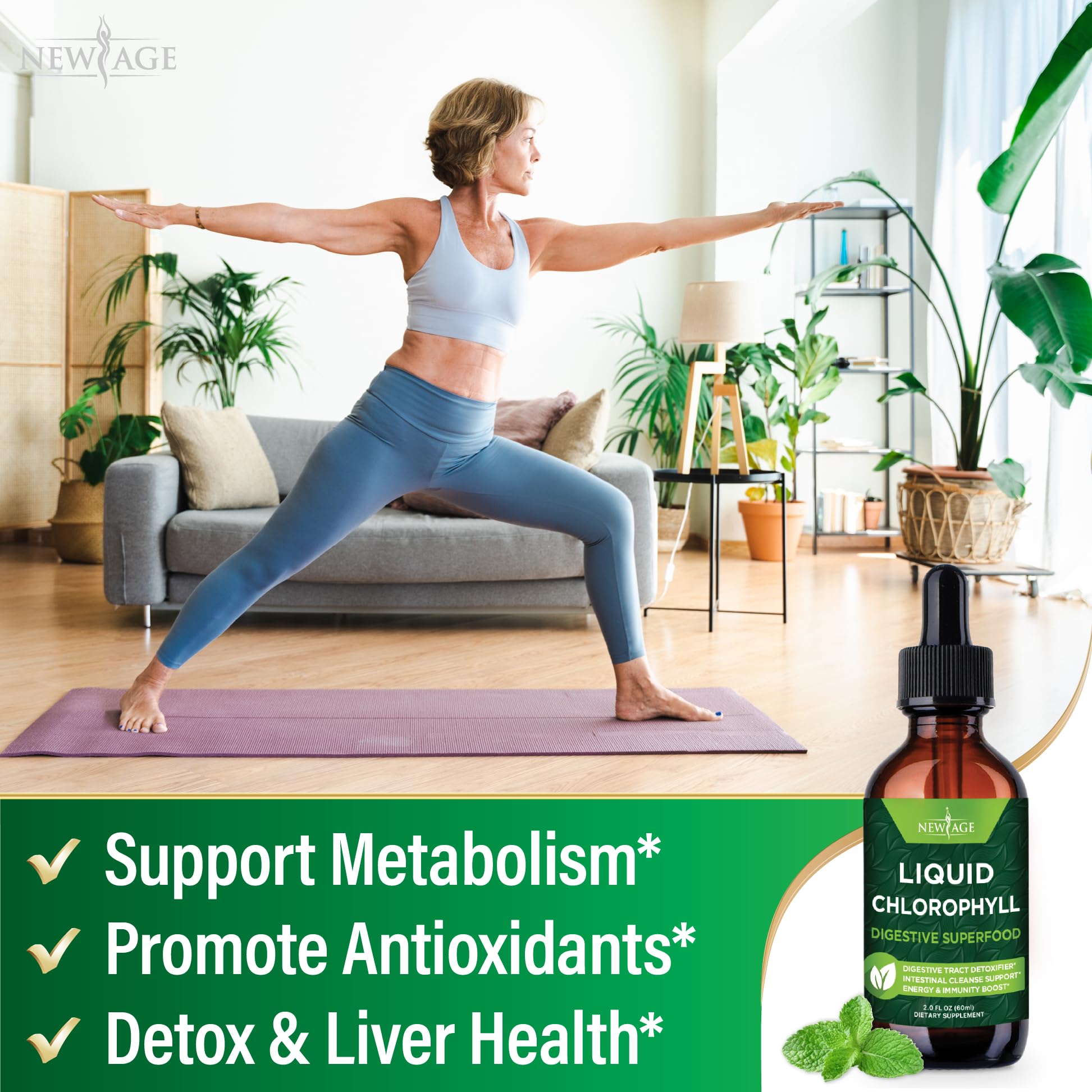 Label of NEW AGE Chlorophyll Drops highlighting ingredients and US-made quality.