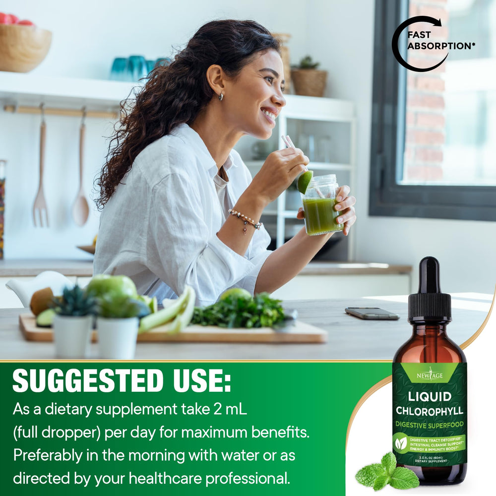 Morning routine with NEW AGE Chlorophyll Drops for hydration and energy.
