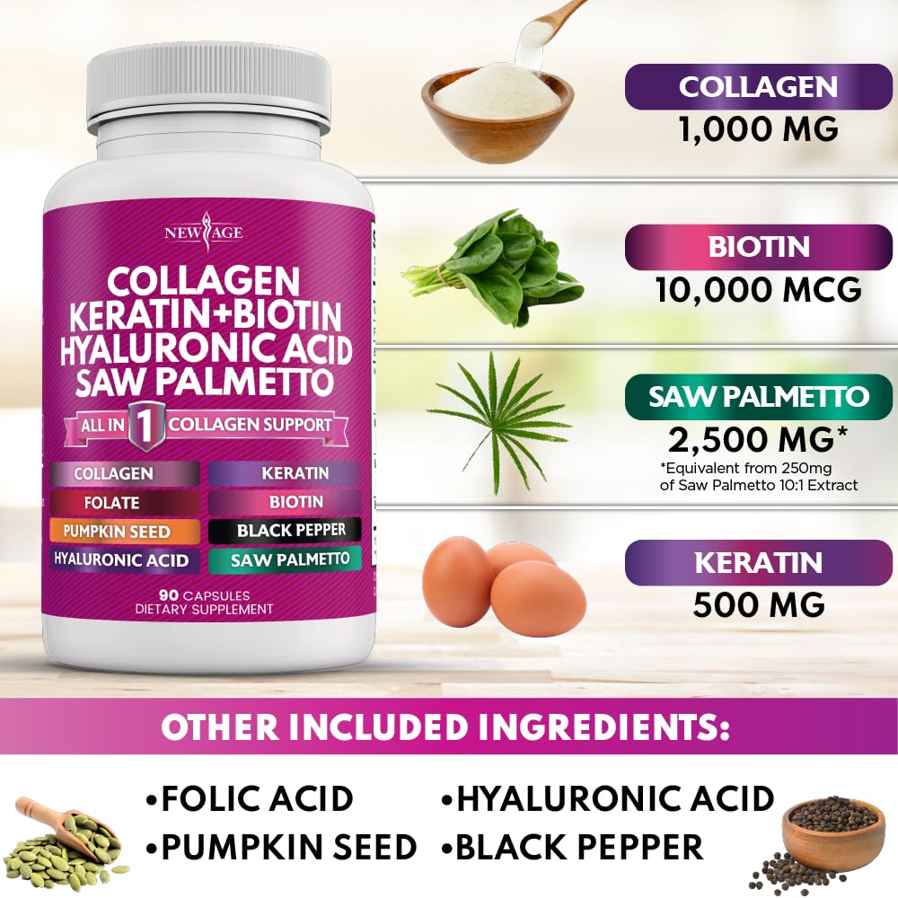New Age Collagen Pills bottle legible label shows saw palmetto and pumpkin seed components.