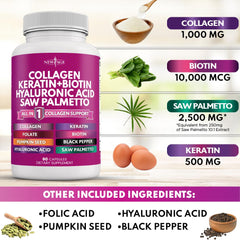 New Age Collagen Pills bottle legible label shows saw palmetto and pumpkin seed components.
