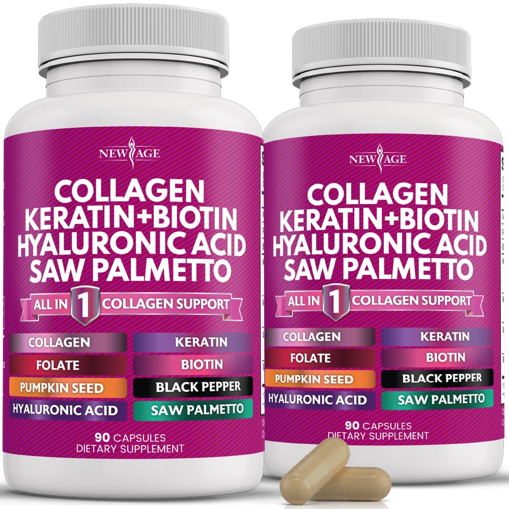 NEW AGE Collagen Pills bottle front emphasizes hair and nail support.