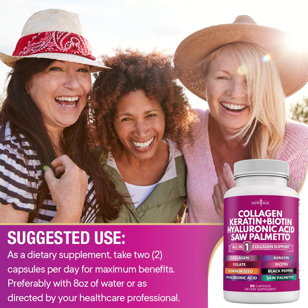New Age Collagen Pills bottle label highlights hyaluronic acid for skin moisture.