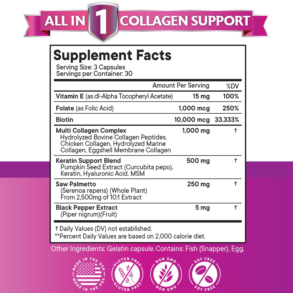 New Age Collagen Pills ingredients panel highlights biotin and keratin blend for vitality.
