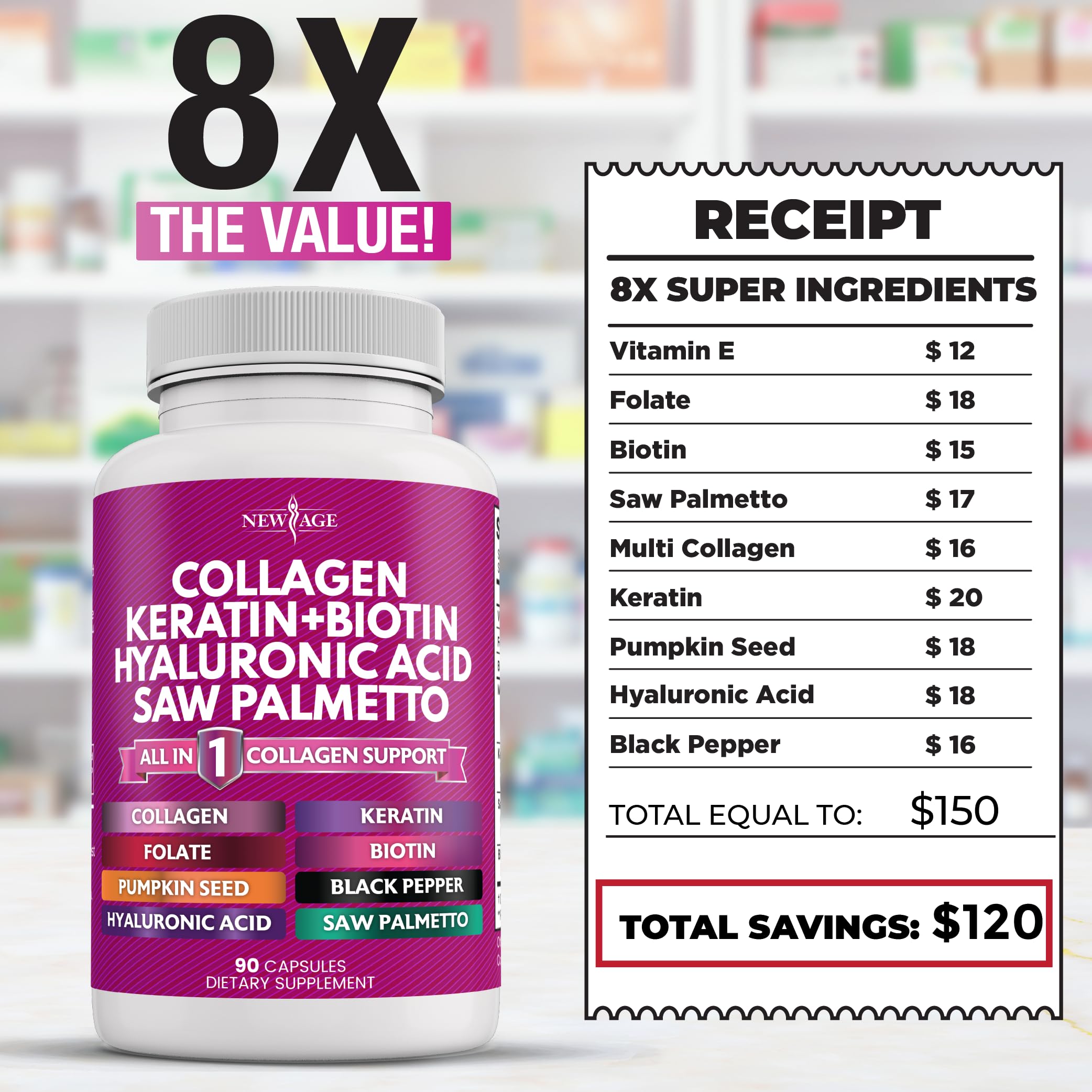 New Age Collagen Pills bottle close features MSM and vitamin E benefits.