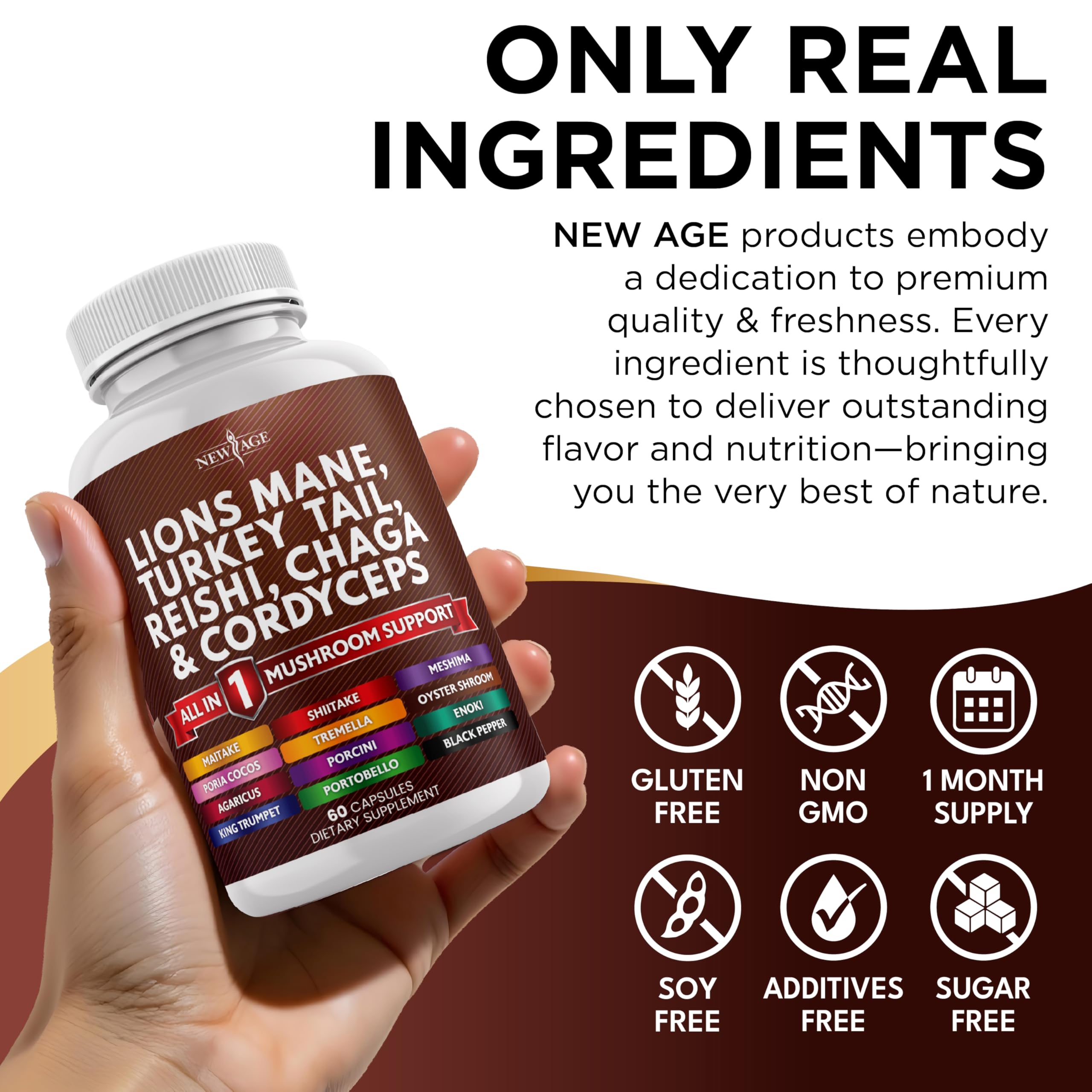 NEW AGE Cordyceps mushrooms bag, showing natural, versatile supplement ingredients.