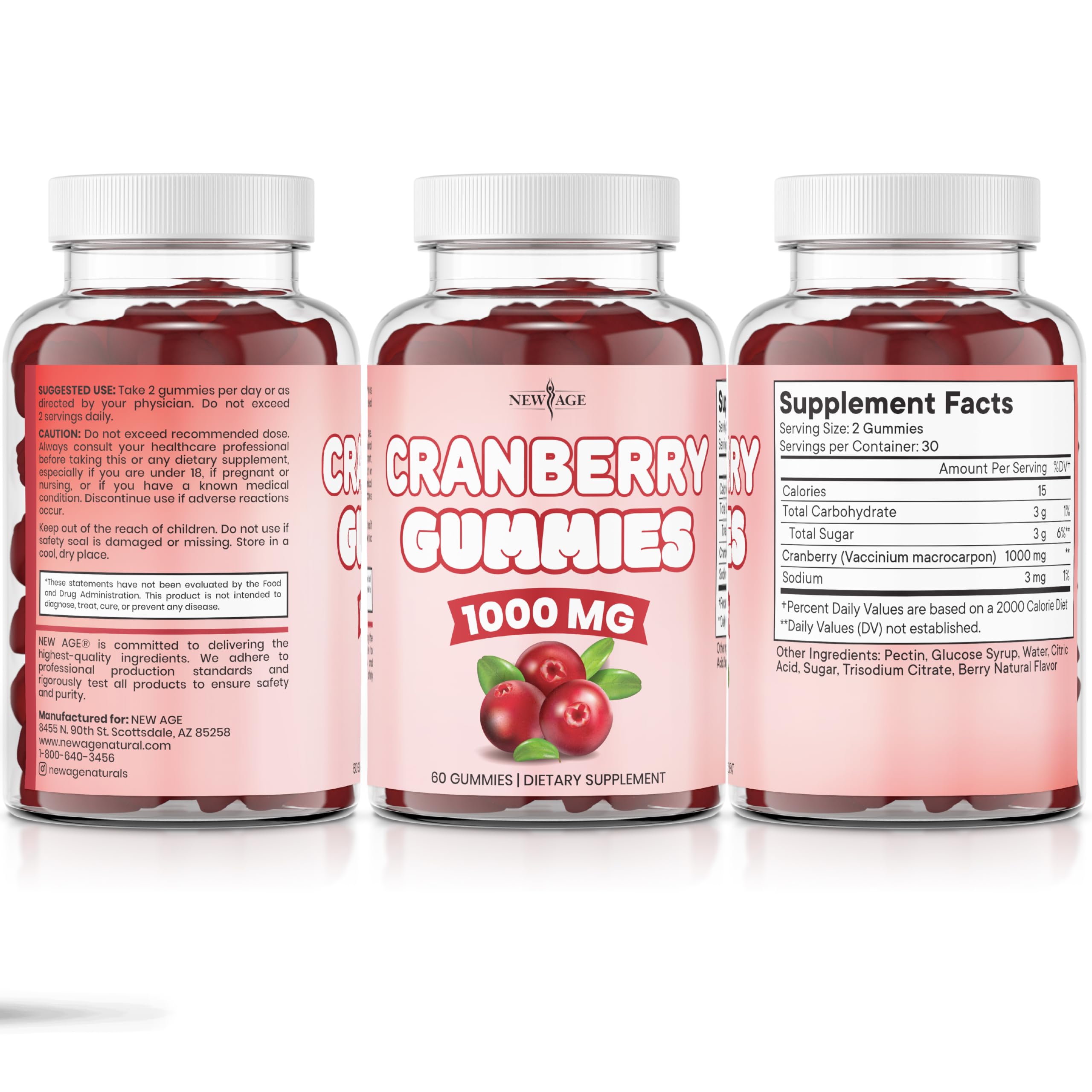 Open bottle of New Age Cranberry Gummies ready for daily routine.