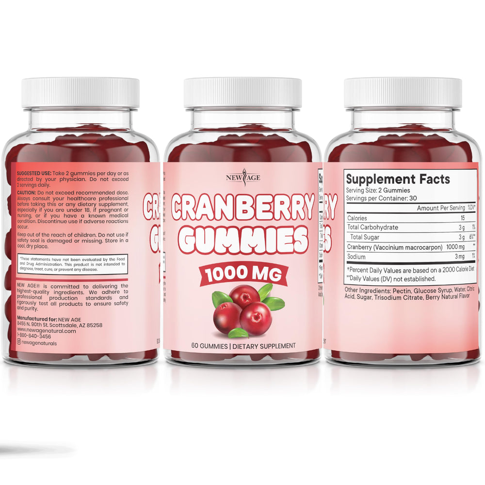Open bottle of New Age Cranberry Gummies ready for daily routine.
