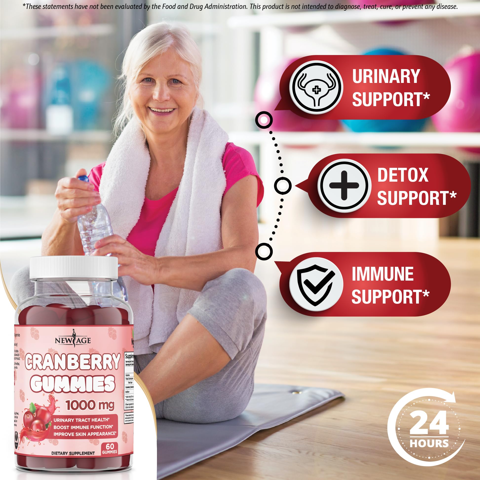 New Age Cranberry Gummies label highlights third-party purity testing for quality.