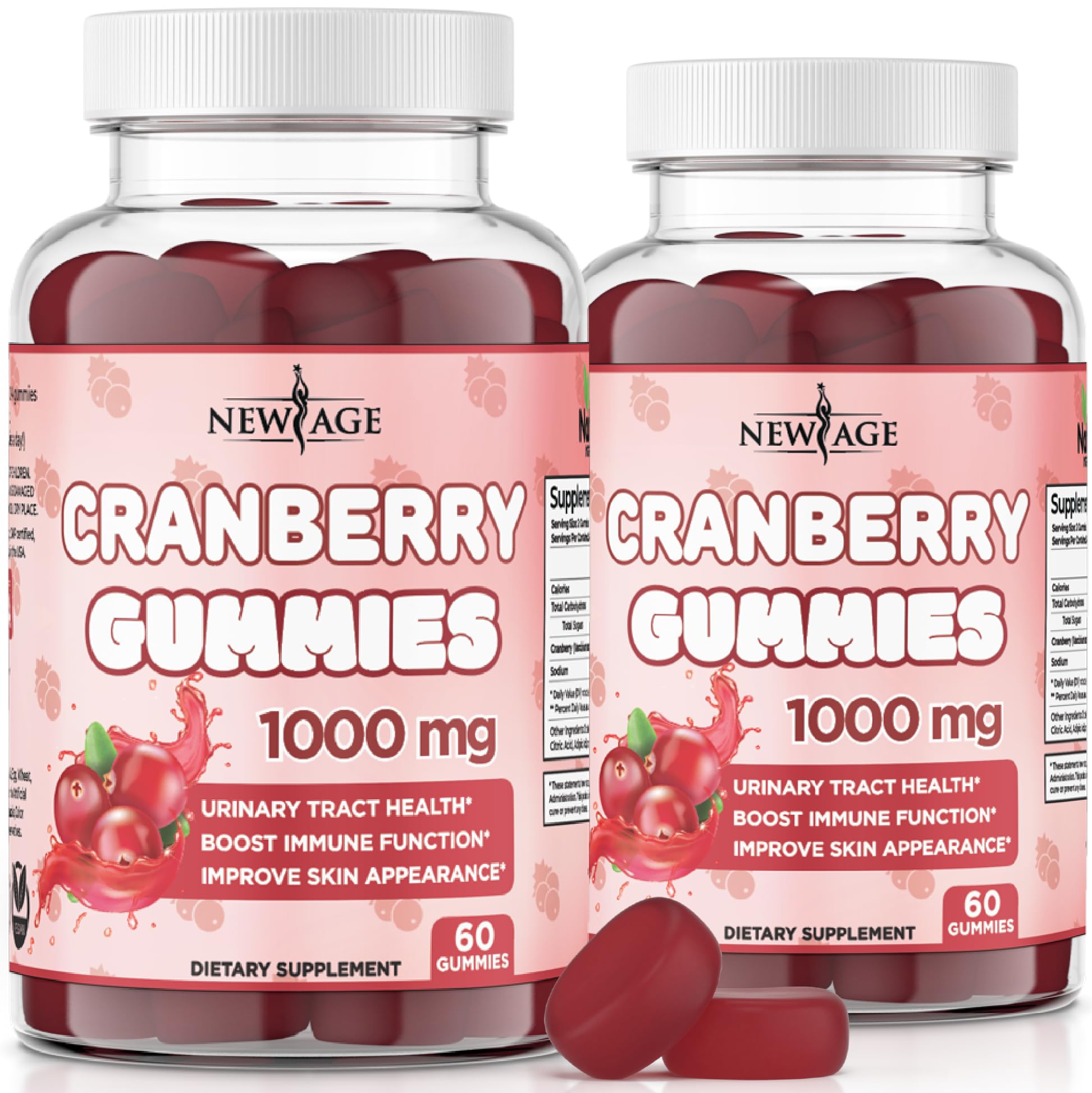 New Age Cranberry Gummies bottle promotes urinary tract health for daily support.