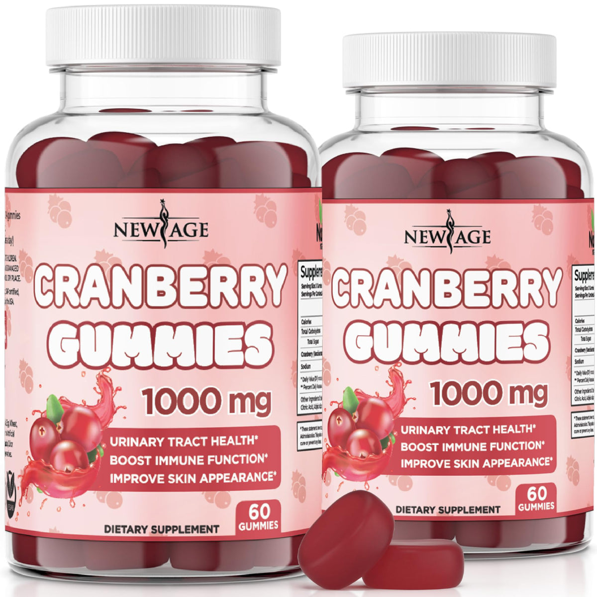 New Age Cranberry Gummies bottle promotes urinary tract health for daily support.