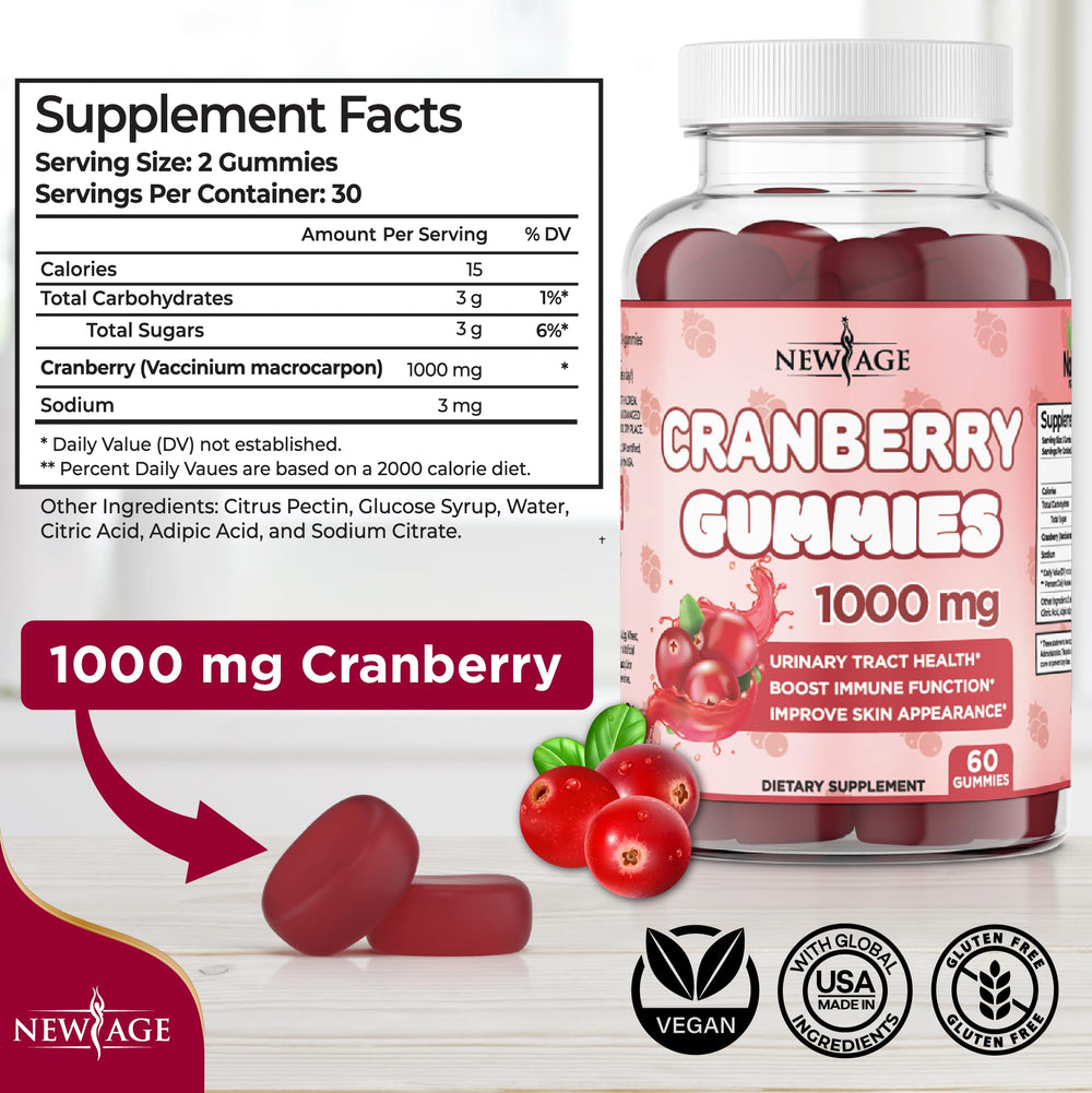 New Age Cranberry Gummies with whole cranberry extract for urinary health benefits.