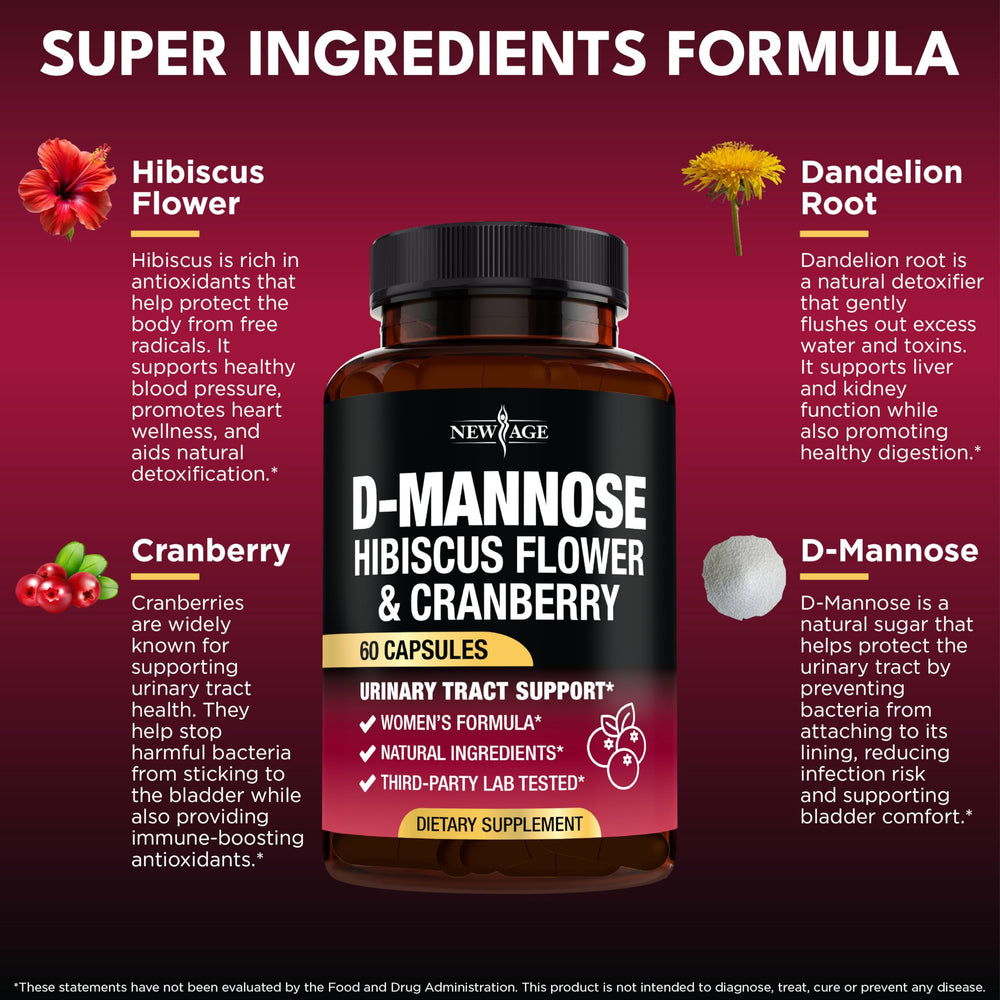 NEW AGE D-Mannose capsules closeup highlights vegan, allergen-free convenience