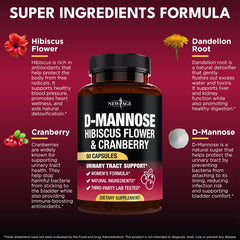 NEW AGE D-Mannose capsules closeup highlights vegan, allergen-free convenience