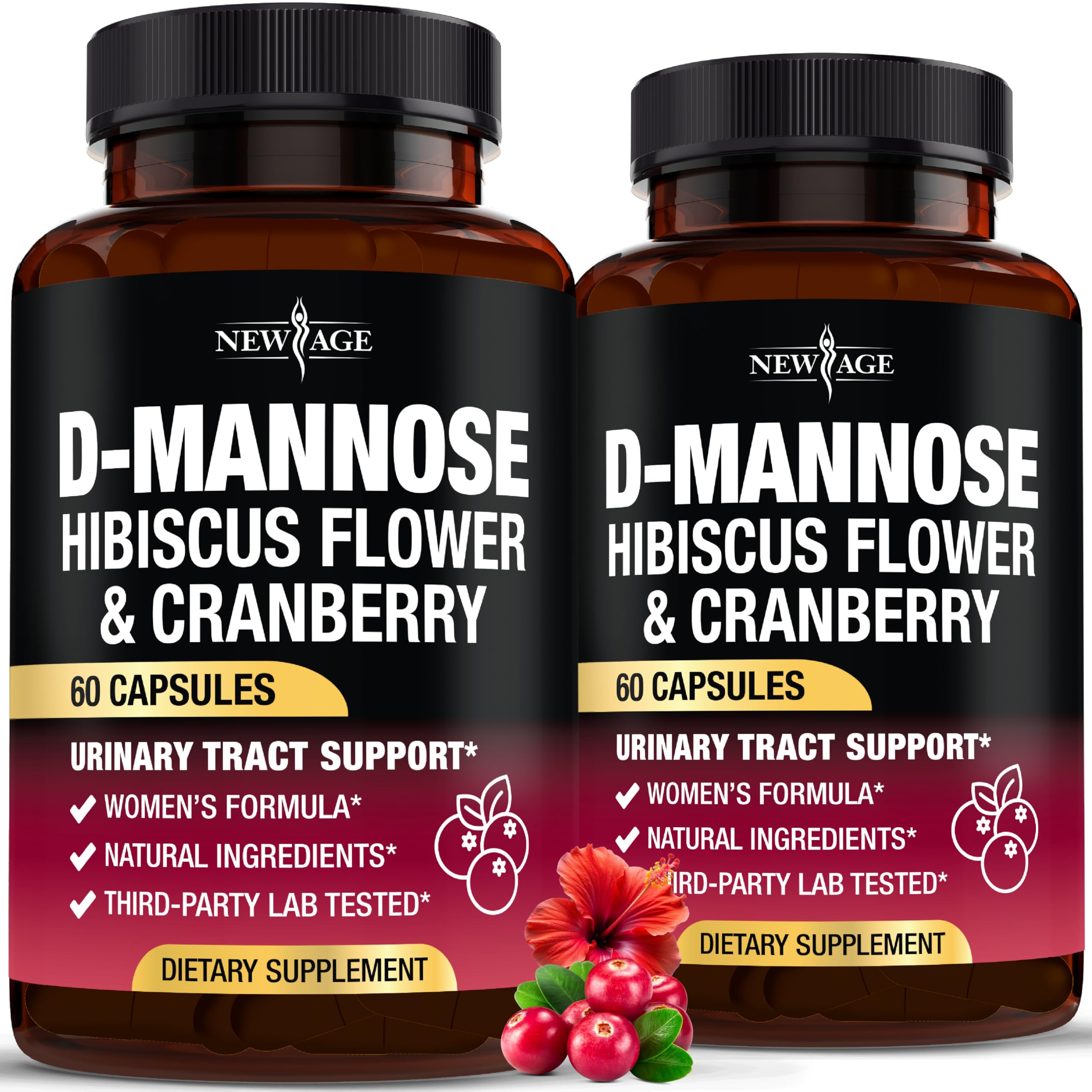 NEW AGE D-Mannose Cranberry Hibiscus bottle shows high-strength urinary comfort