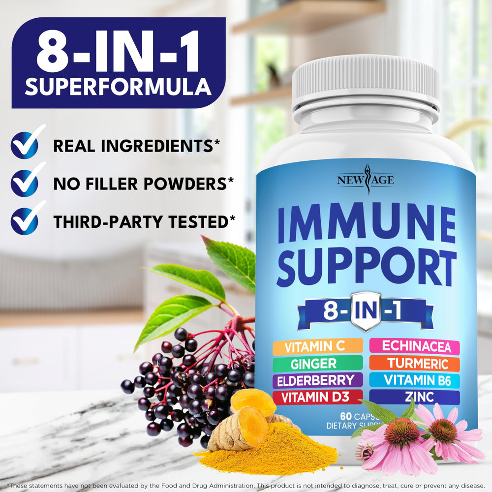 NEW AGE echinacea turmeric and ginger capsules forming a herbal immune blend.