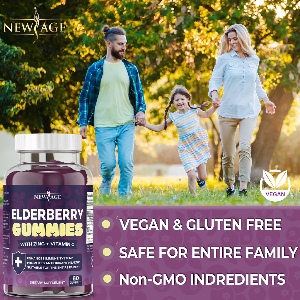 NEW AGE elderberry gummies fruity flavor close-up shows chewy texture.