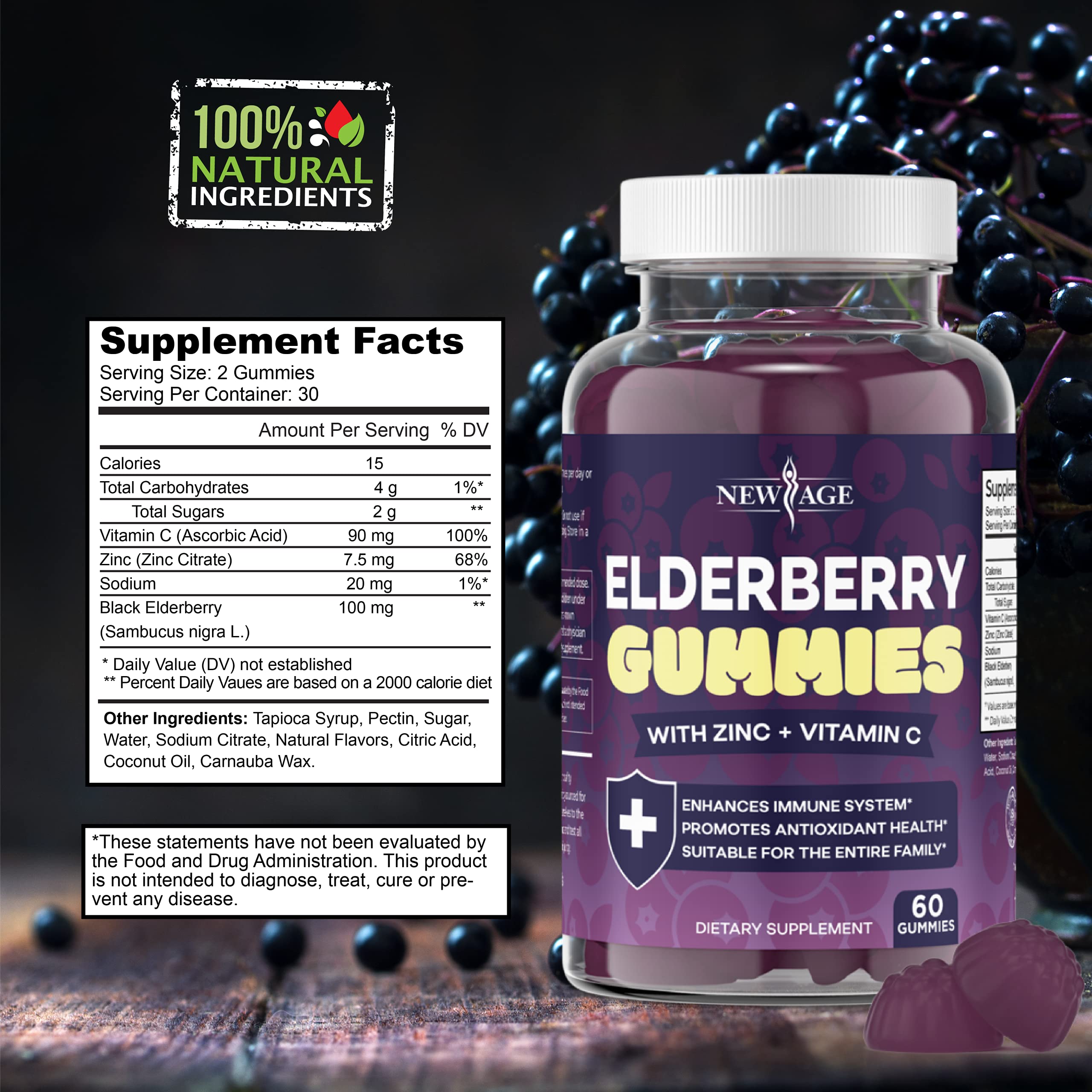 NEW AGE elderberry gummies vitamin C zinc propolis ingredients close-up.