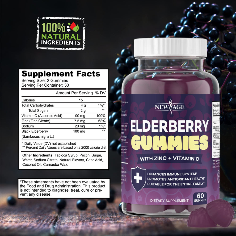 NEW AGE elderberry gummies vitamin C zinc propolis ingredients close-up.