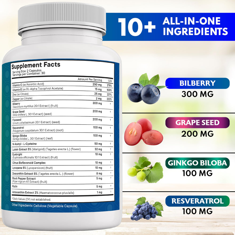 NEW AGE Eye Health bilberry capsules close-up highlighting antioxidant benefits for eyes