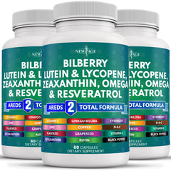 NEW AGE Eye Health bottle close-up with bilberry-lutein label for daily eye support