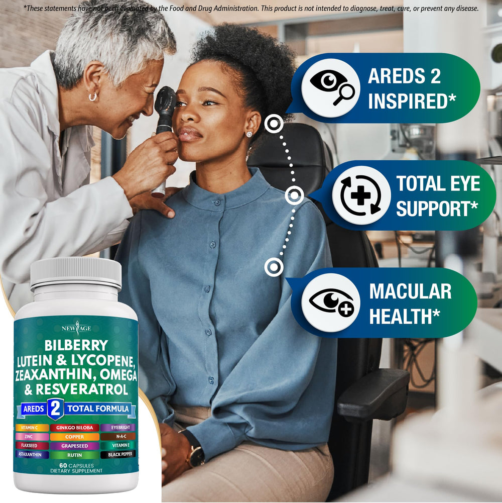 NEW AGE Eye Health bottle label close-up showing ingredients list for quality supplementation