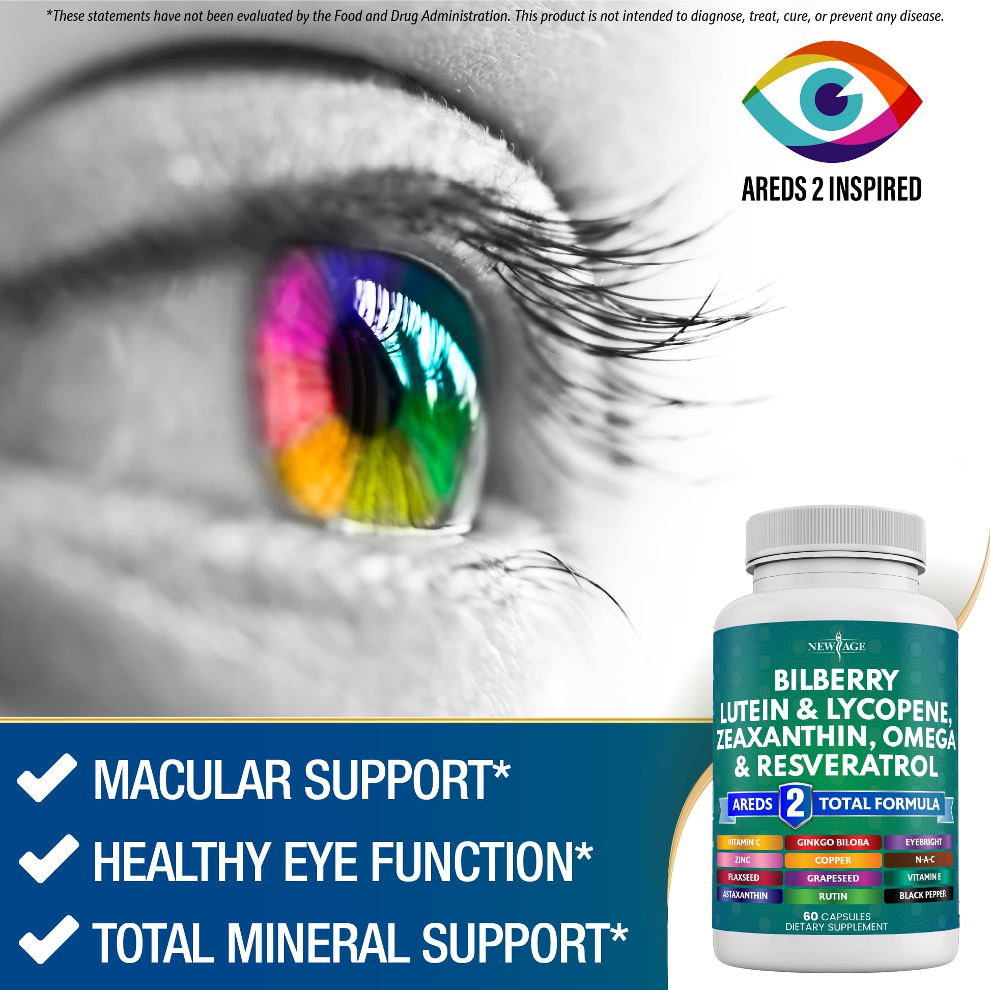 NEW AGE Eye Health lutein and zeaxanthin capsules close-up for healthy vision support