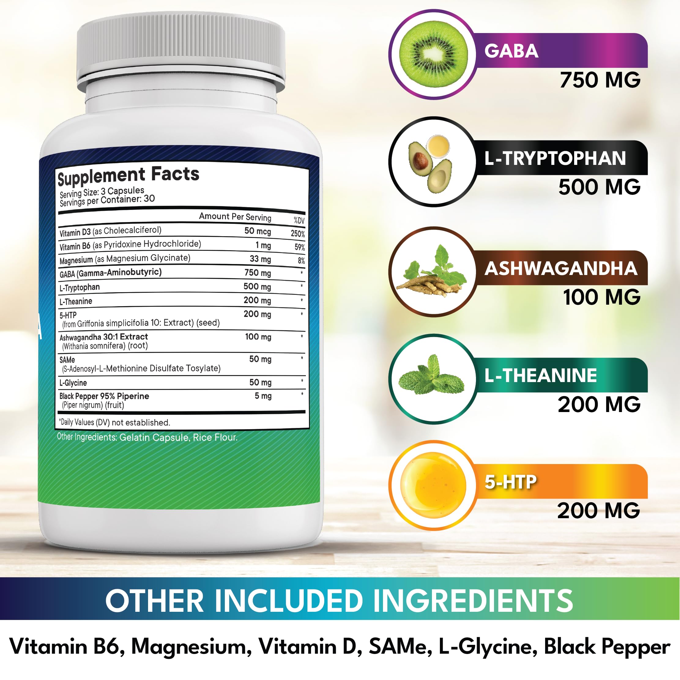 New Age GABA label ingredients close-up highlights Ashwagandha and Theanine.